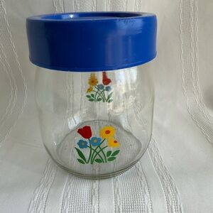 Vintage Carlton Glass USA Canister Jar with Tulips And Flowers Blue Screw Lid